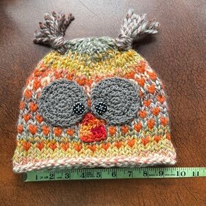 EUC Handmade Knit Owl Beanie in Multicolored Tweed Stripes.